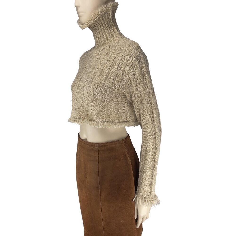 VINTAGE DYNAMITE Crop Fisherman Fringed Turtleneck Hem Knitted Sweater VTG M / S - Picture 6 of 8